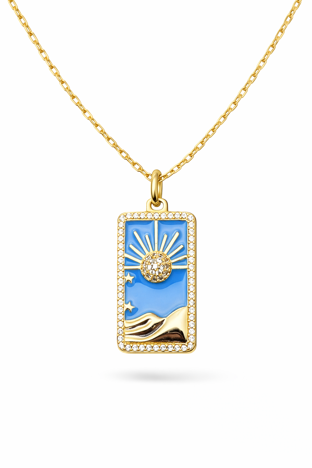 Gold-plated evil eye charm necklace with cubic zirconia detailing and rectangular blue pendant.