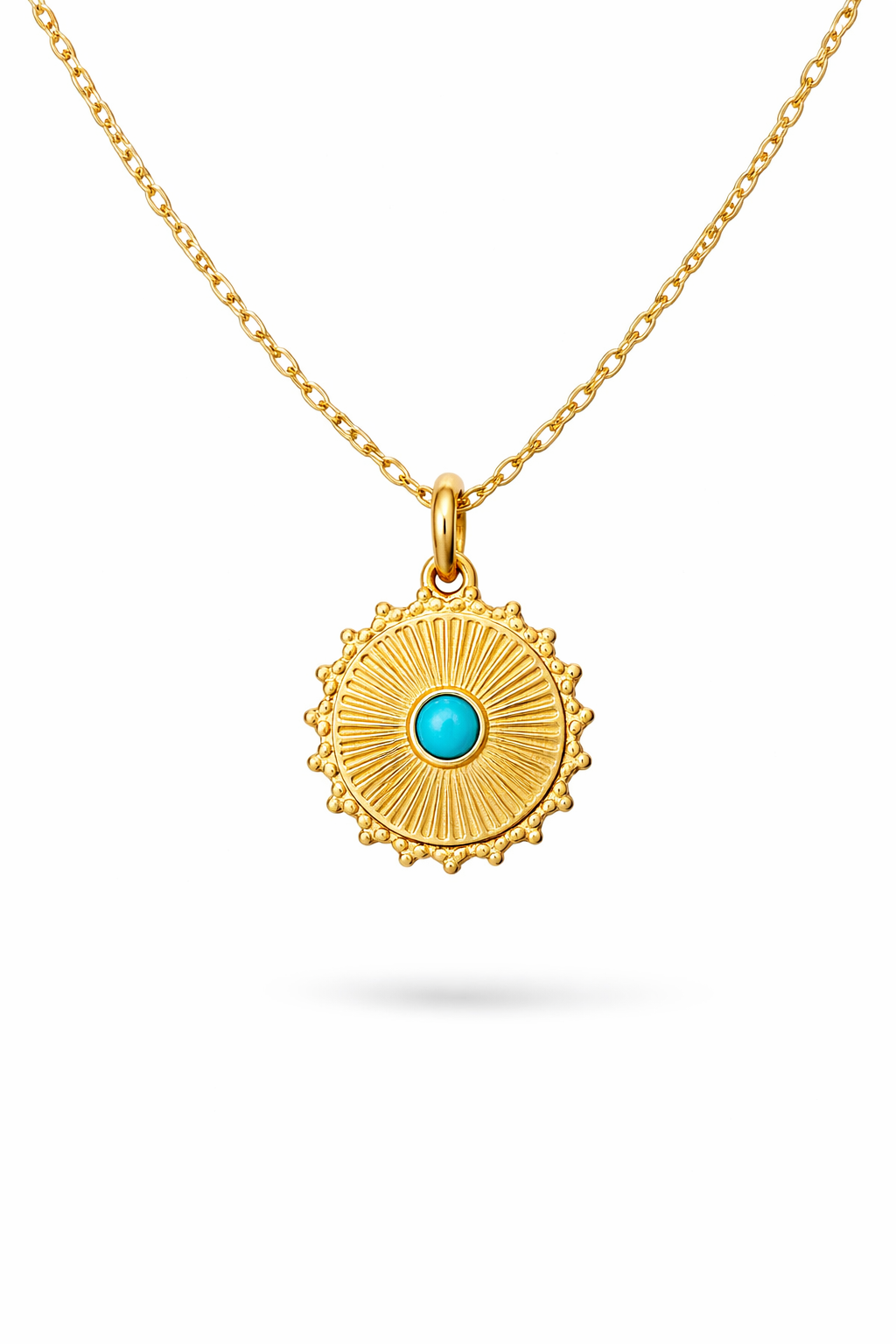 Turquoise pendant necklace in 18K gold-plated stainless steel with vintage-inspired sunburst design