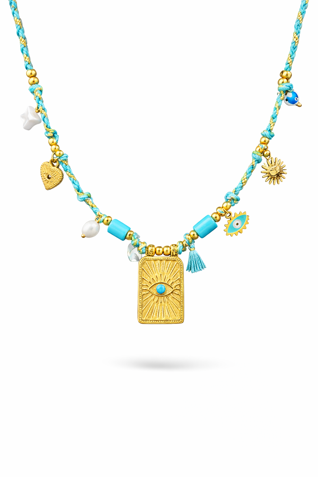 Evil eye talisman necklace in 18K gold-plated stainless steel with turquoise-toned beads