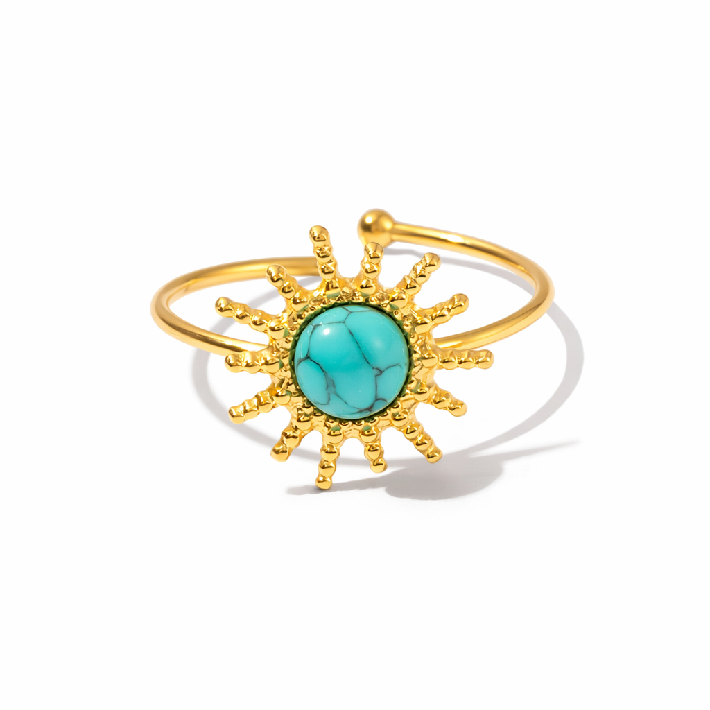 18K gold plated natural stone sun ring with turquoise detail