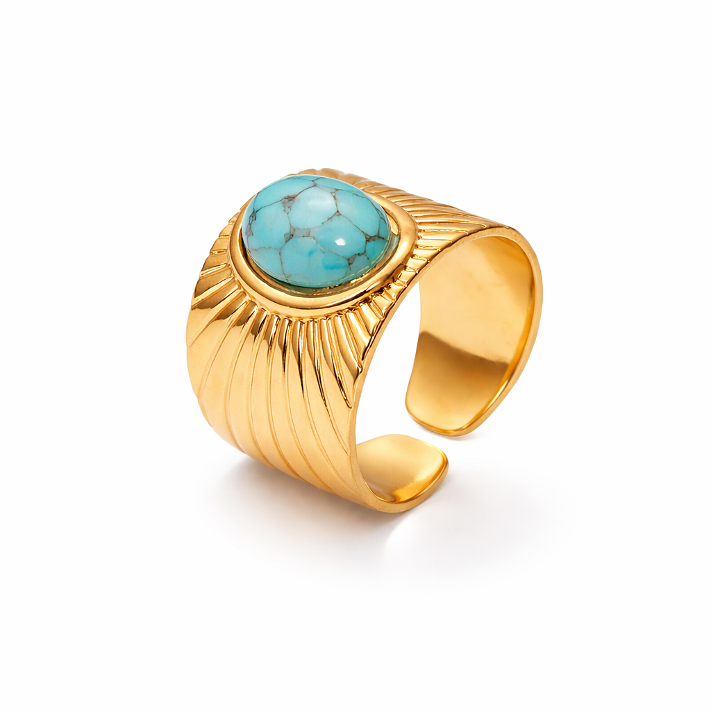 Gold plated natural stone ring with turquoise inlay