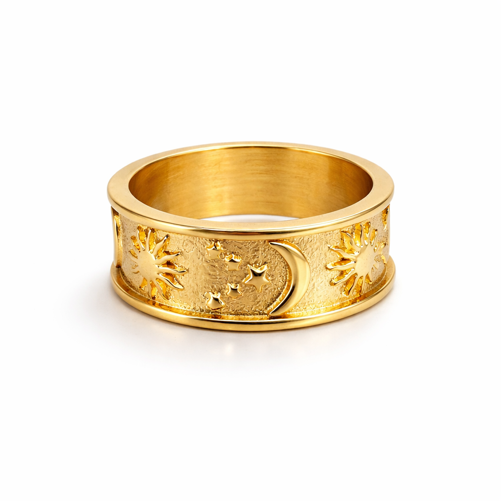 Celestial tarot statement ring in polished stainless steel