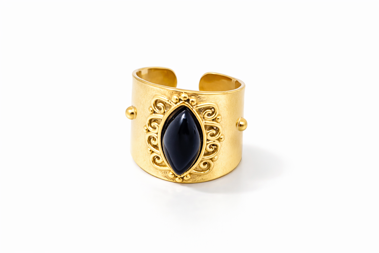 Vintage-inspired obsidian inlay ring in gold-plated stainless steel with adjustable open band.
