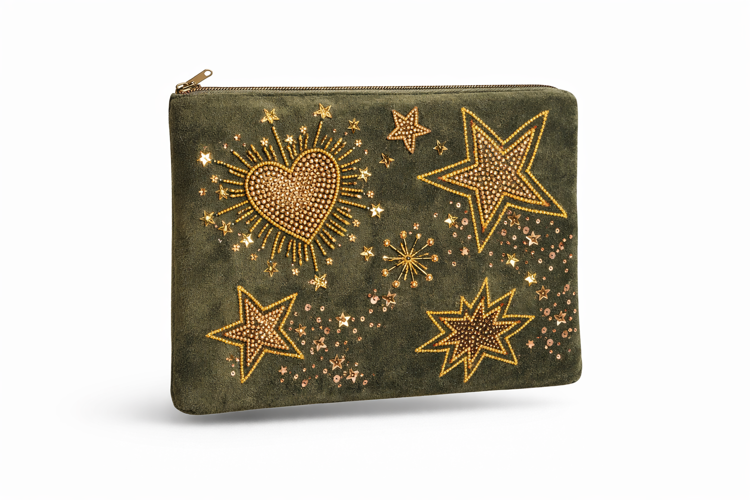 Embroidered khaki velvet cosmetics pouch with brass bead detailing
