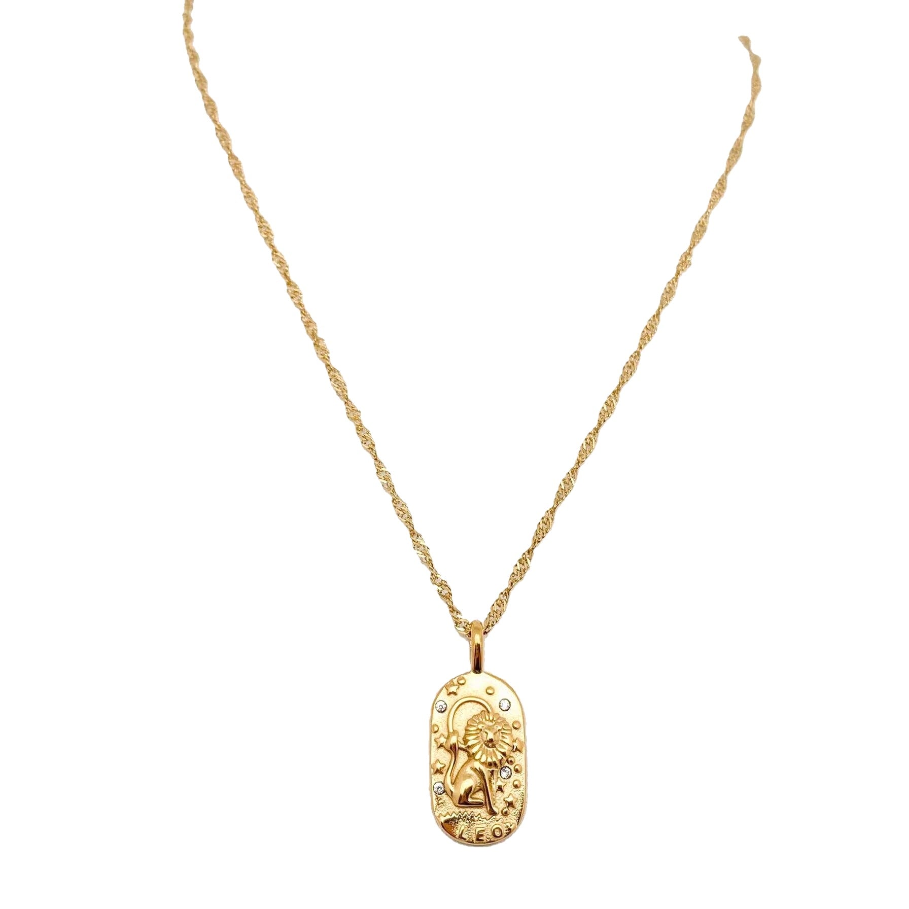 Gold Leo necklace with a detailed pendant on a white background