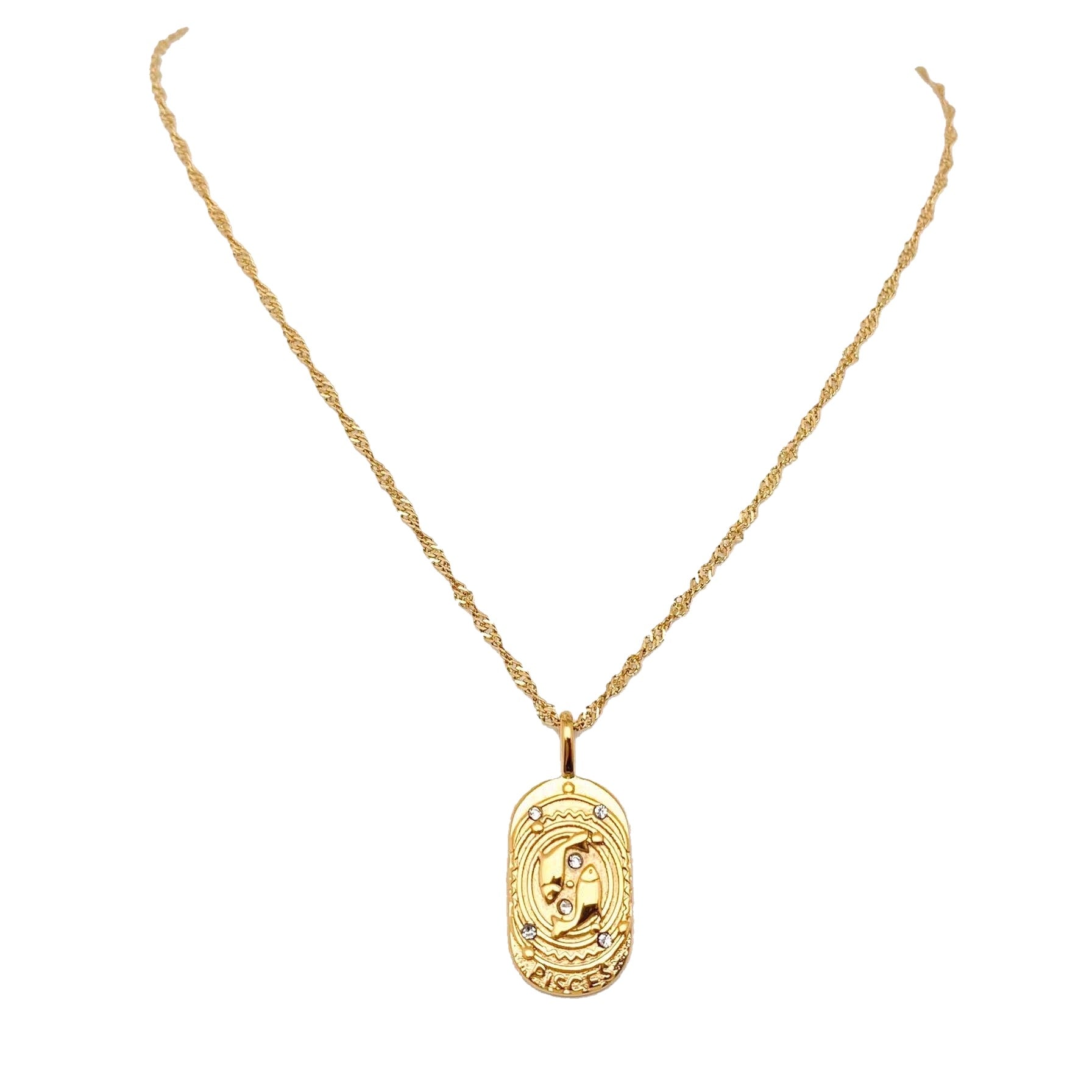 Gold necklace with a Pisces pendant on a white background