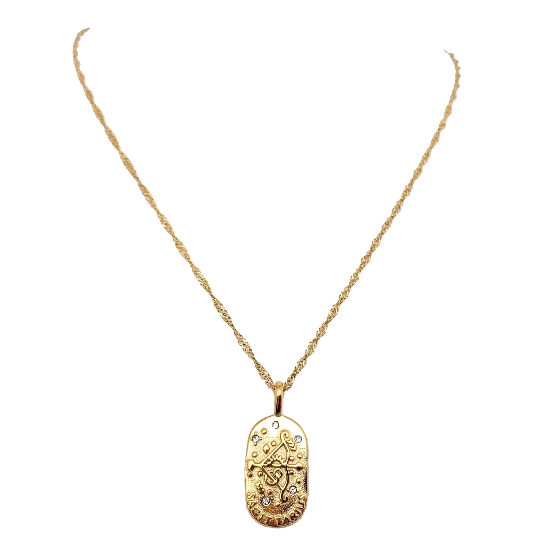 Gold necklace with a Sagittarius pendant on a white background